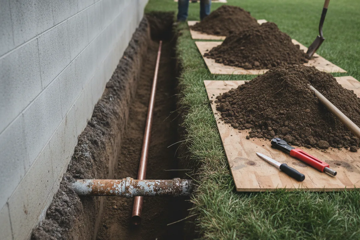 Excavated water line trench during Sewer Line Repair in Heppner